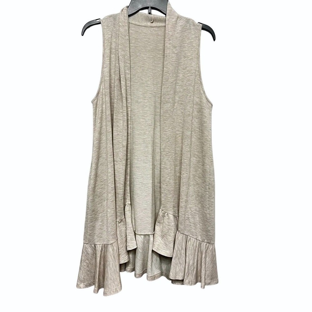 Pleione Wmns XL Oatmeal Gray Cream Ruffle Hem Sleeveless Open Front Duster Vest
